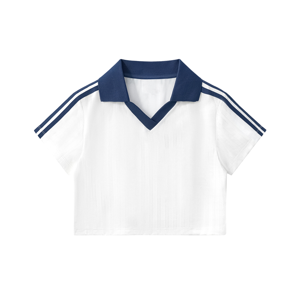 Womens Contrast Collar Striped Cropped Jersey